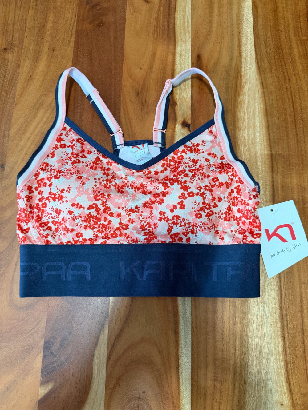 NWT Kari Traa Coral Floral Sports Bra with Navy Trim